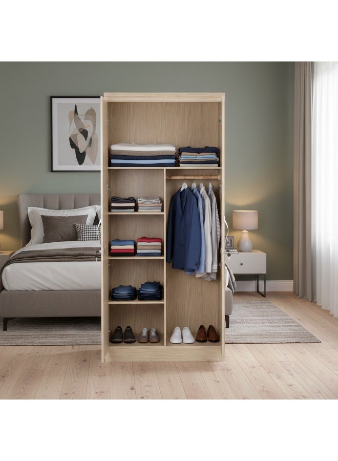 Multi Home Furniture 2 Door Wooden Wardrobe 7721 Oak with Mirror | Modern Storage Almirah with Lock & Handles | Bedroom Clothes Cabinet – Light Oak Finish - Image 2